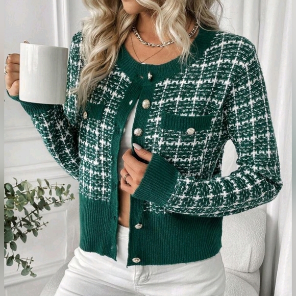 * New Chic Plaid Tweed Knit Cardigan Sweater Dark Green White - Picture 2 of 10